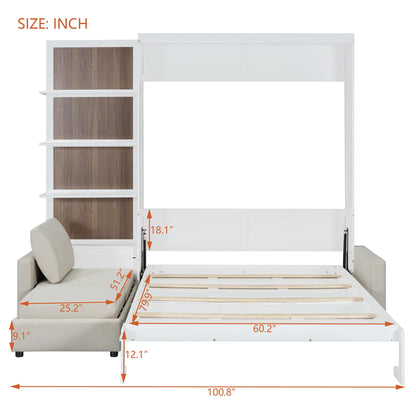 Ball & Cast Murphy Bed Queen Size Wall Chest with Sofa and Shelves,Wood Hideaway Cabinet Platform Bedframe w/Slat Support,can be Folded,Space-Saving,for Small Room,Dorms,White