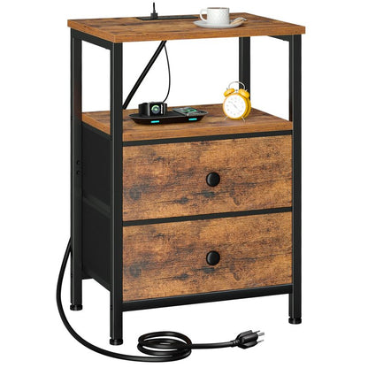 LOAKEKEL Night Stand with Charging Station, Small Bedside Table with 2 Fabric Drawers, Nightstand with USB Ports & Outlets for Bedroom, Brown, HETS020BR-1
