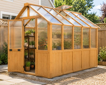 EROMMY 6x10 FT Wooden Greenhouse for Outdoors, Walk-in Greenhouse Kit with 4mm Polycarbonate Panels, Adjustable Roof Vent, Lockable Door, Backyard Greenhouse for Plants and Vegetables