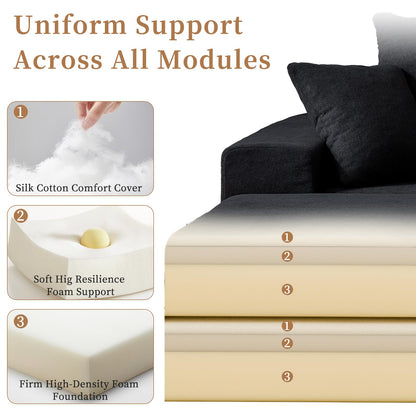 Modular Sectional Loveaeat Cloud Sofa, Boneless Couch with Non Slip Base, Cozy Sleeper Sofa for Customizable Living Spaces, Modern Modular Couch with L-Shape Chaise, Deep Seat & No Assembly, Black