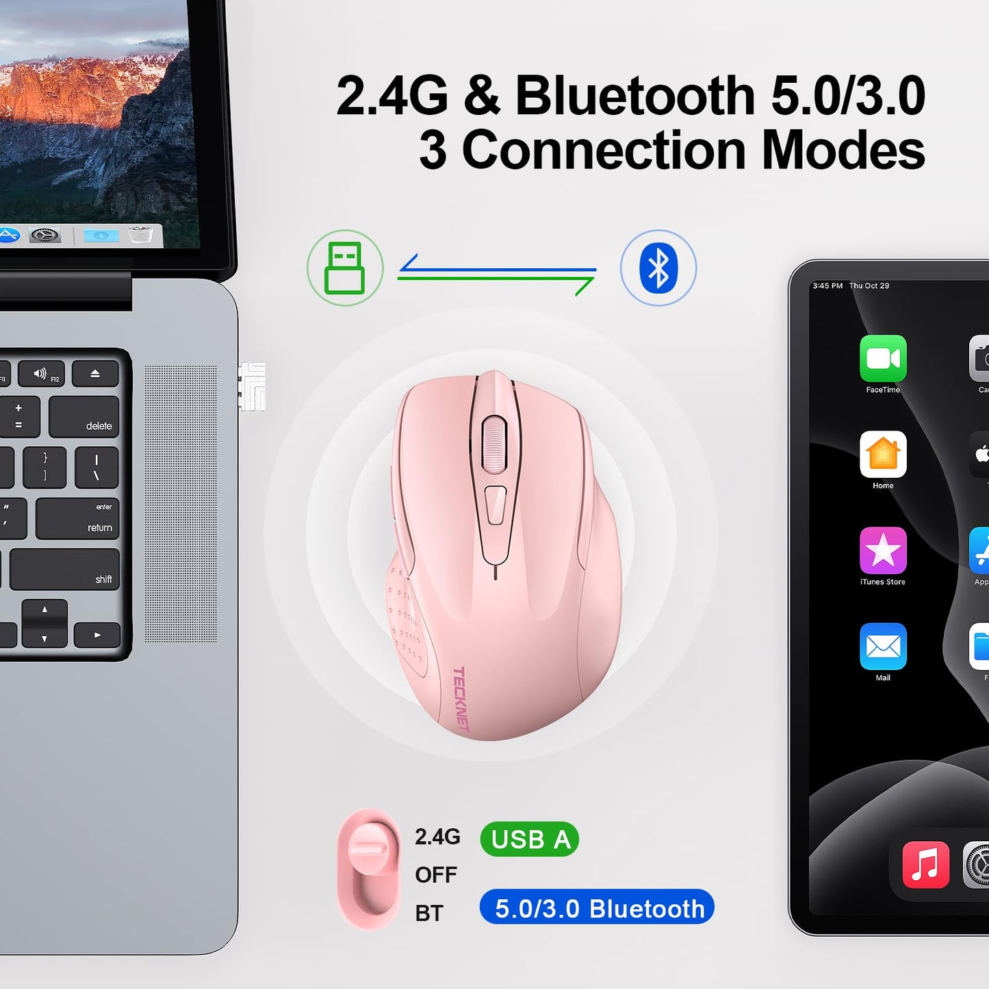 TECKNET Wireless Mouse (BT5.0/3.0 & 2.4G) Rechargeable 4800 DPI Silent USB A & Bluetooth Mouse 6 Buttons, Wide Compatibility - Grey