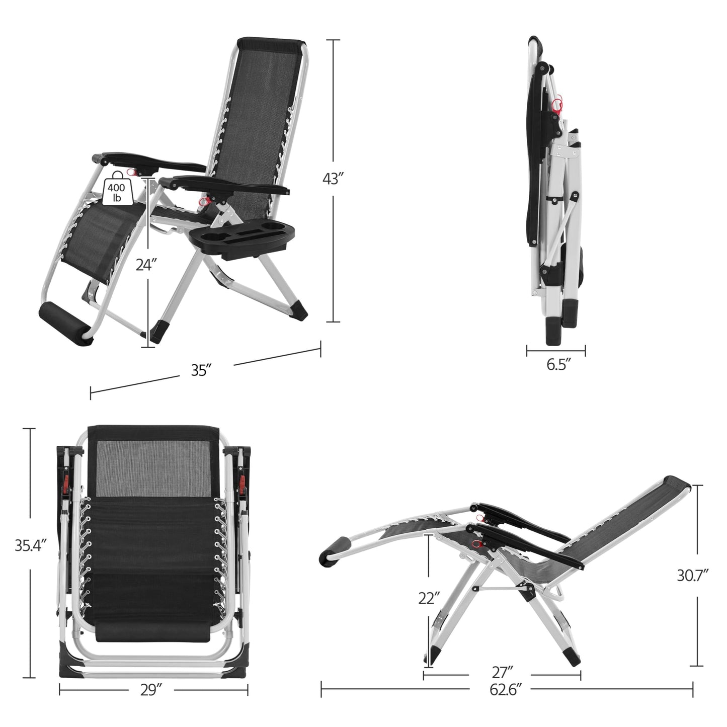 Yaheetech 29in Zero Gravity Chair, Foldable Premium Reclining Lounge Recliner w/Removable Pad & Pillow & Side Accessory Tray for Indoor and Outdoor Gray 4PCS