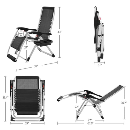 Yaheetech 29in Zero Gravity Chair, Foldable Premium Reclining Lounge Recliner w/Removable Pad & Pillow & Side Accessory Tray for Indoor and Outdoor Gray 4PCS