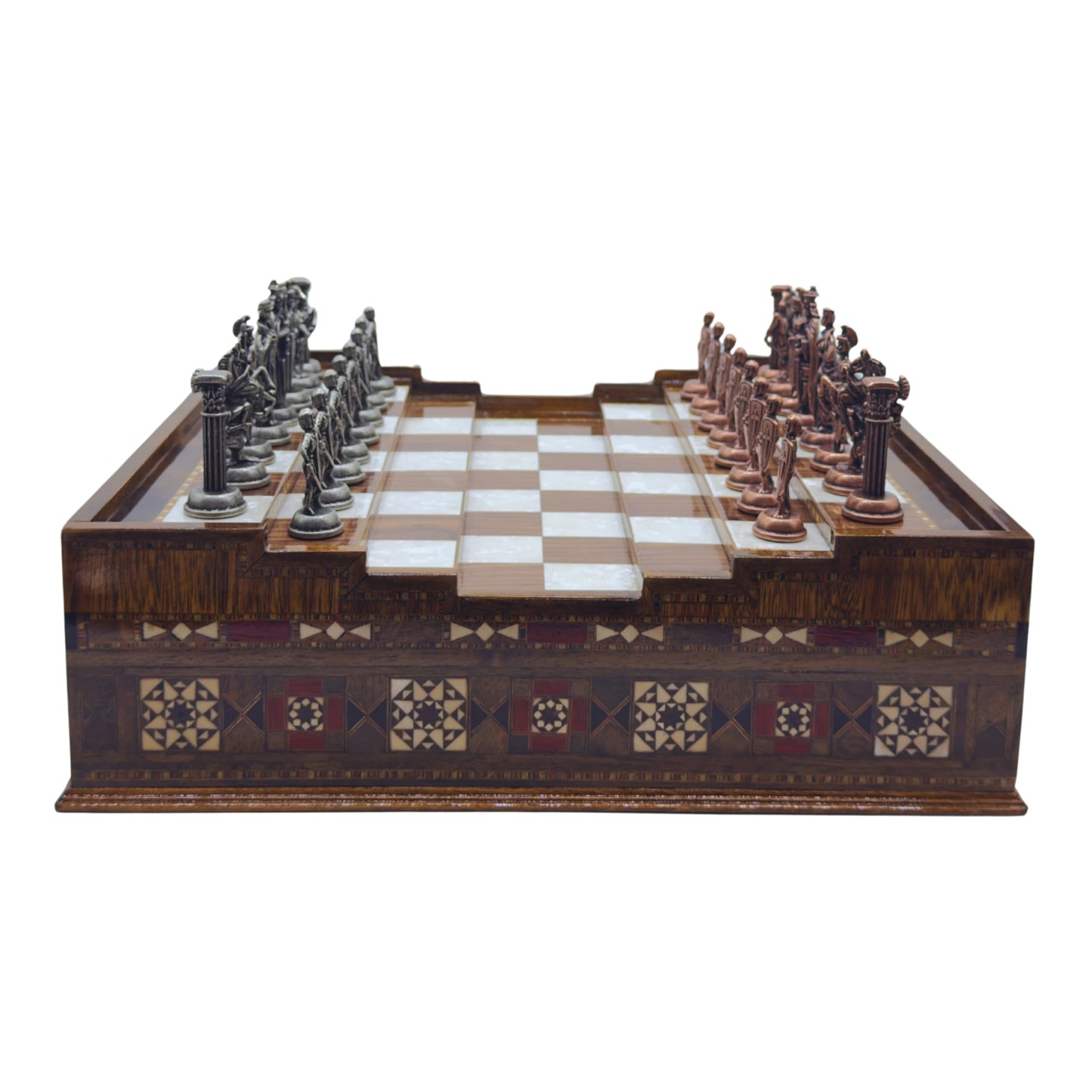 Luxury Handmade Wooden Chess Set with Metal Pieces – Large Walnut & Rosewood Chess Board with Storage Drawers – British Style Chess Pieces for Father’s Day, Birthday, or Christmas