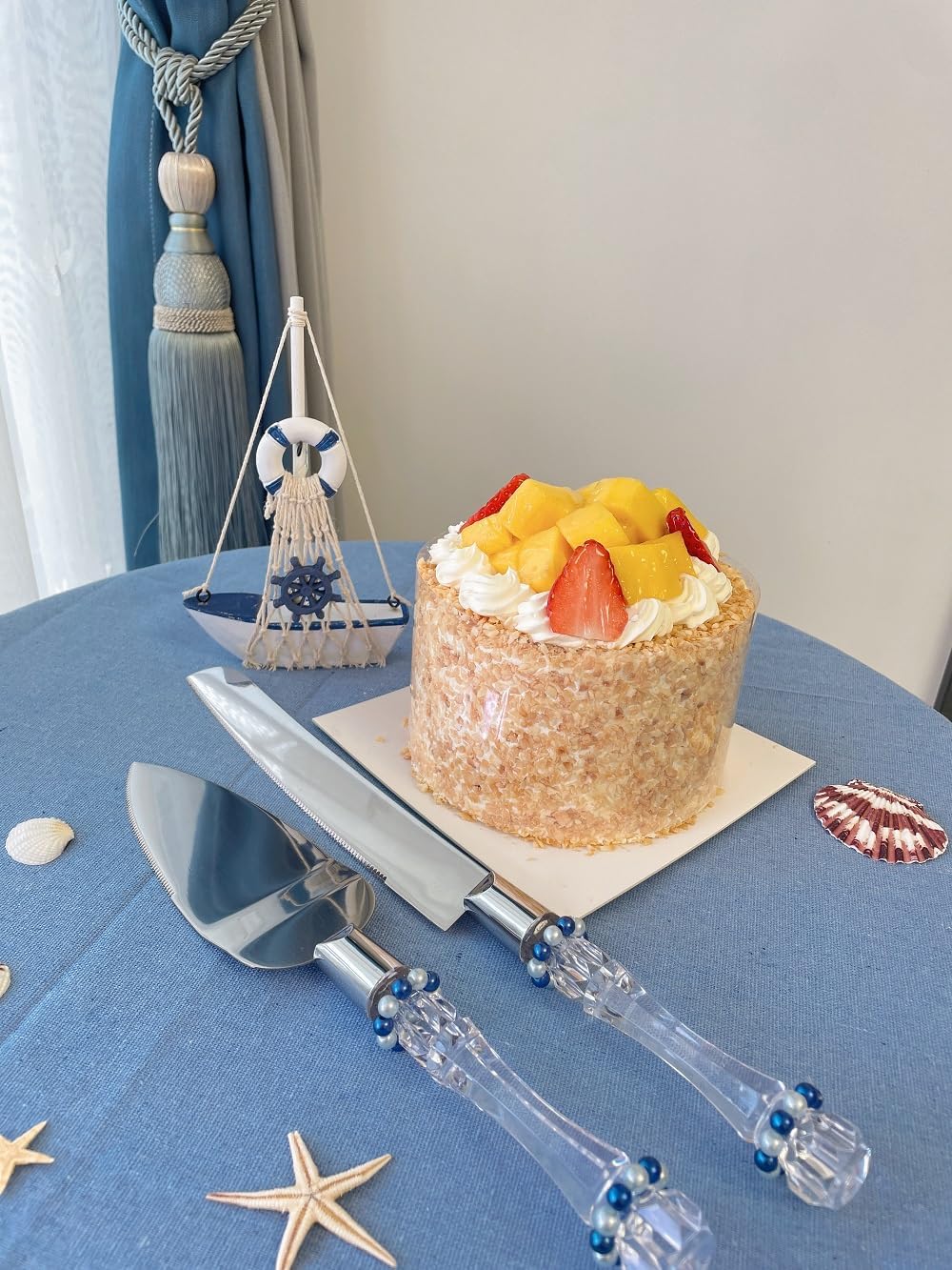 FISHBONE Stainless Steel Wedding Cake Knife and Server Set, Nautical Blue Rings Design for Special Occasions