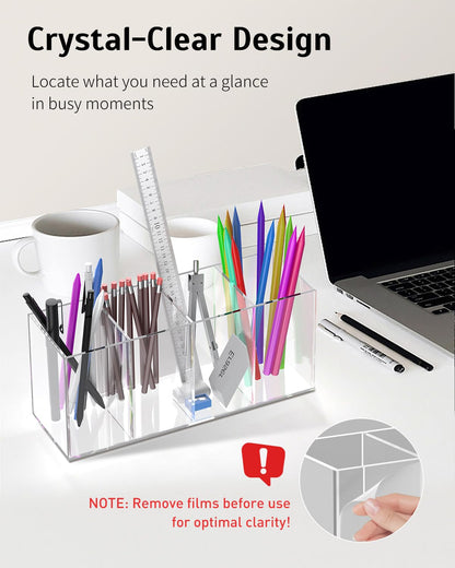 Uniclife Clear Acrylic Pen Holder for Desk, Plastic Pencil Holder Pen Organizer with 4 Compartments, Desktop Stationery Organizer for Office Home School, Vertical Makeup Brush Holder, 9" x 3" x 4"