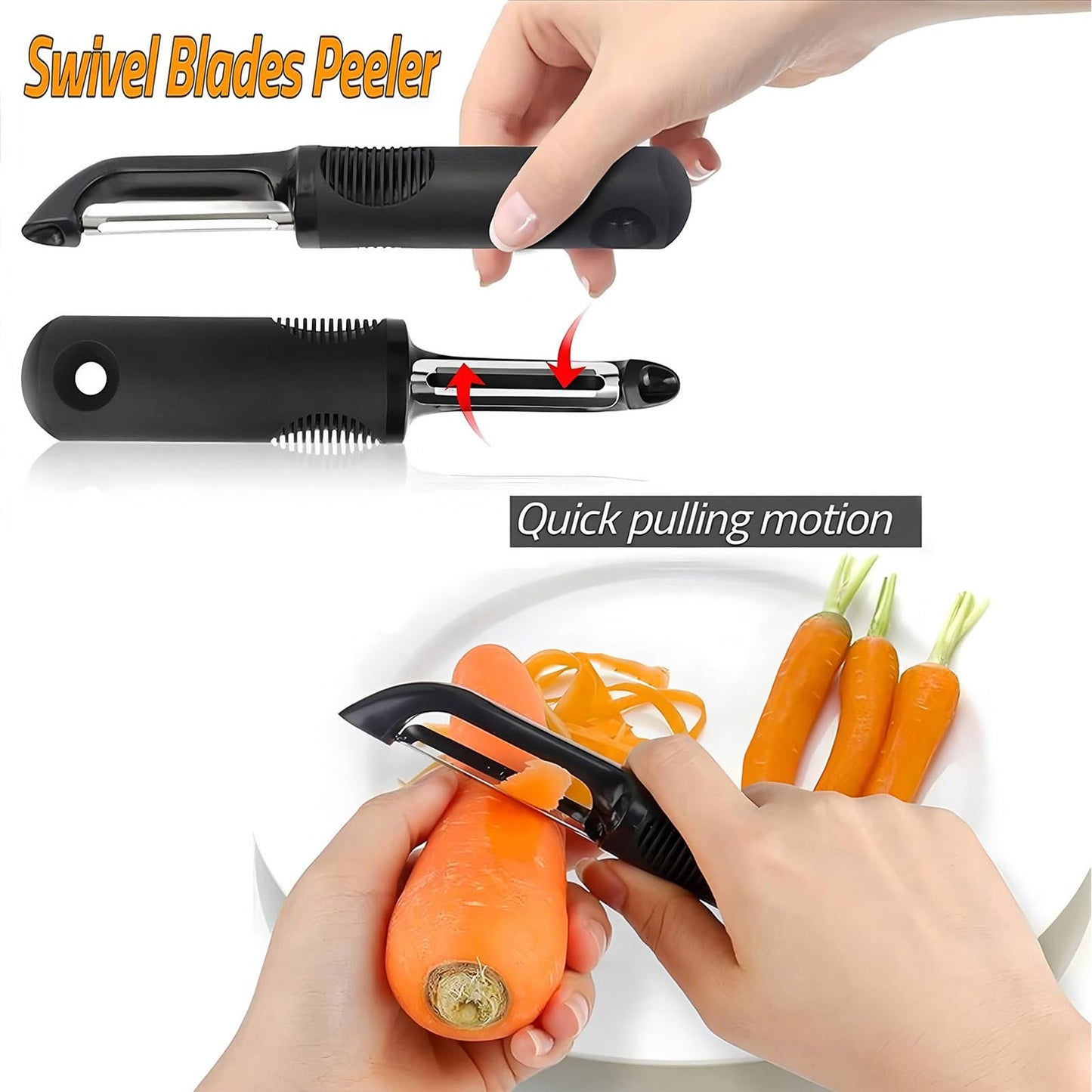 ANMIOU Swivel Vegetable Peeler with Non-Slip Ergonomic Handle, Rust-Proof Steel Blades, Built-in Potato Eye Remover, Plastic Blade Guard, Kitchen Peeler for Potato, Carrot, Apple, Veggie, Fruit, Black