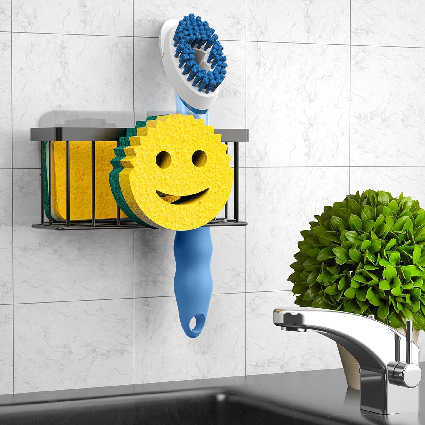MURLONG Sponge Holder - Smiley Face Kitchen Organizer with Suction Cups & Adhesive Strips | Black