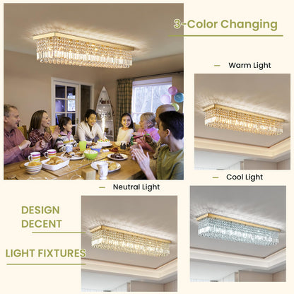 Siljoy 10-Light Modern Crystal Chandelier, Luxury Gold Rectangular Flush Mount Ceiling Light, Large Rectangle Raindrop Chandelier for Living Dining Room Kitchen Island Bar L47'' x W10'' x H10''