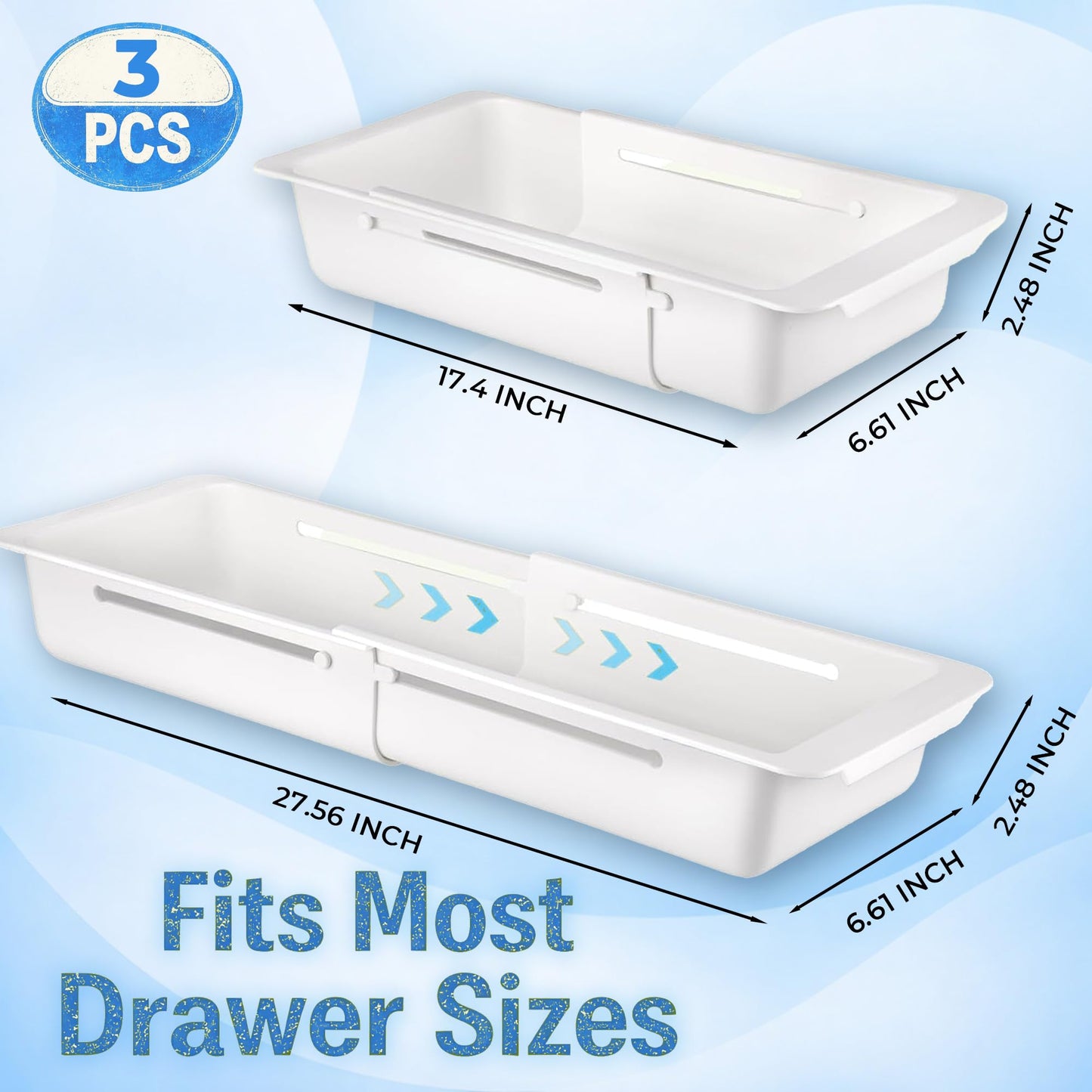 Kirosy 3-Pack Expandable Drawer Organizer for Deep Drawers, Adjustable Storage Tray (17–27 in), Durable PP Smooth Glide Divider for Kitchen, Vanity & Office, Space-Saving Design