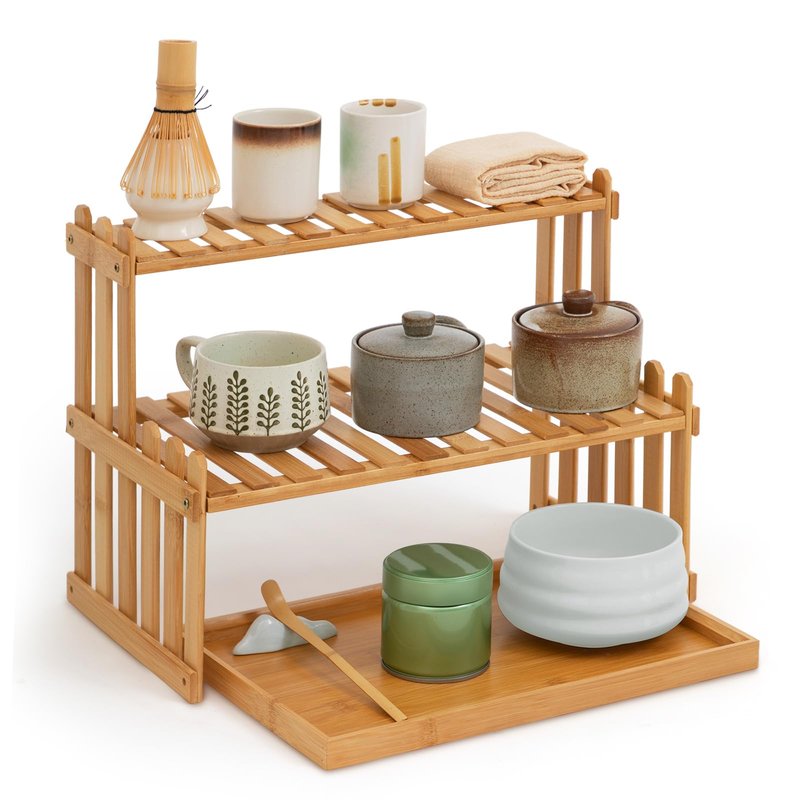 Kathfly 14.6" 2-tier Matcha Station Shelf Stand with 13" Bamboo Matcha Tea Serving Tray Coffee Station Organizer Coffee Bar Storage Rack Mug Holder Countertop for Desktop Flower Pot Cup(Bamboo Color)