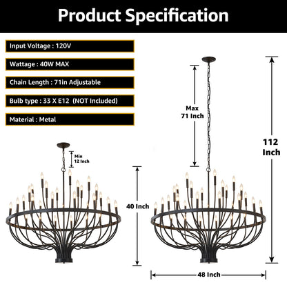 HHR 48-Inch Farmhouse Foyer Chandelier Entryway High Ceiling, 33-Light Candle Chandelier Light Fixtures Modern Black Chandeliers for Dining Room Bedroom Hallway Kitchen Living Room