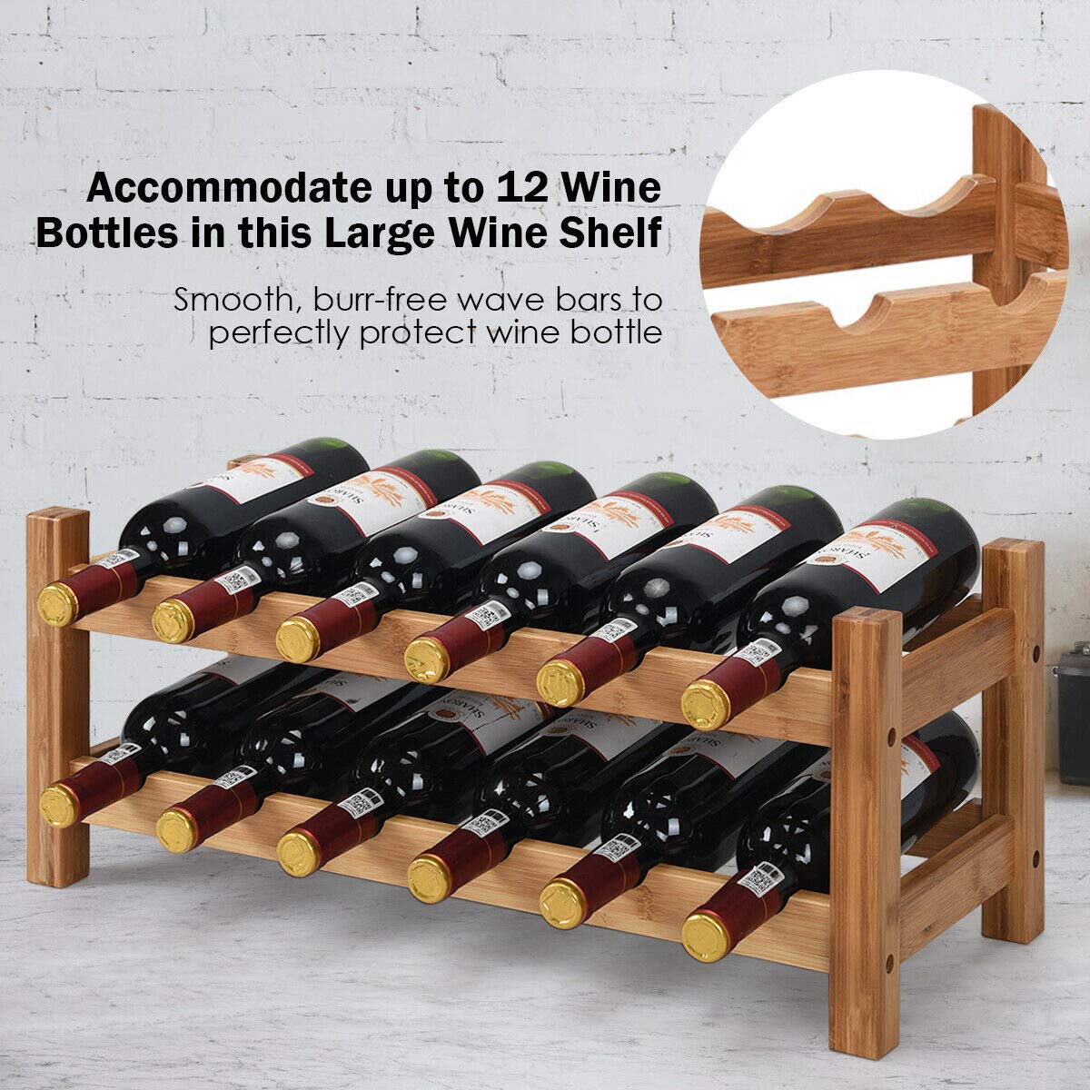 COSTWAY Wine Rack, Bamboo 12 Bottles 2-Tier Wine Display Rack for Countertop Home Kitchen Pantry, Free Standing Wine Storage, Rack Tabletop Wine Rack (Nature)