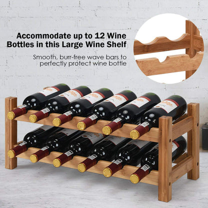 COSTWAY Wine Rack, Bamboo 12 Bottles 2-Tier Wine Display Rack for Countertop Home Kitchen Pantry, Free Standing Wine Storage, Rack Tabletop Wine Rack (Nature)