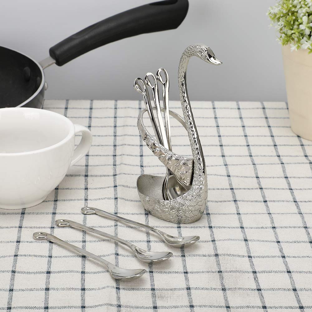 6PCS Small Coffee Spoon Holder Set, Stainless Steel Mini Spoons Dessert Teaspoons Decorative Swan Base Holder with 6PCS Demitasse Espresso Spoons for Coffee Bar, Coffee Station, Party