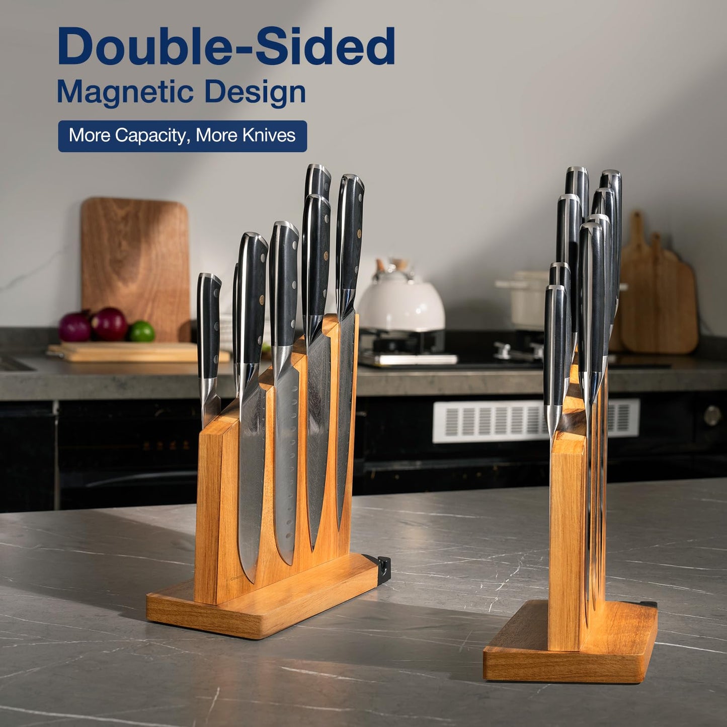 Gourmetop Magnetic Knife Holder with Built-in Sharpener, 100% Acacia Wood Magnetic Knife Block without Knives, Strong Double-Sided Magnetic Knife Holder for Kitchen Countertop Organization, Light Wood