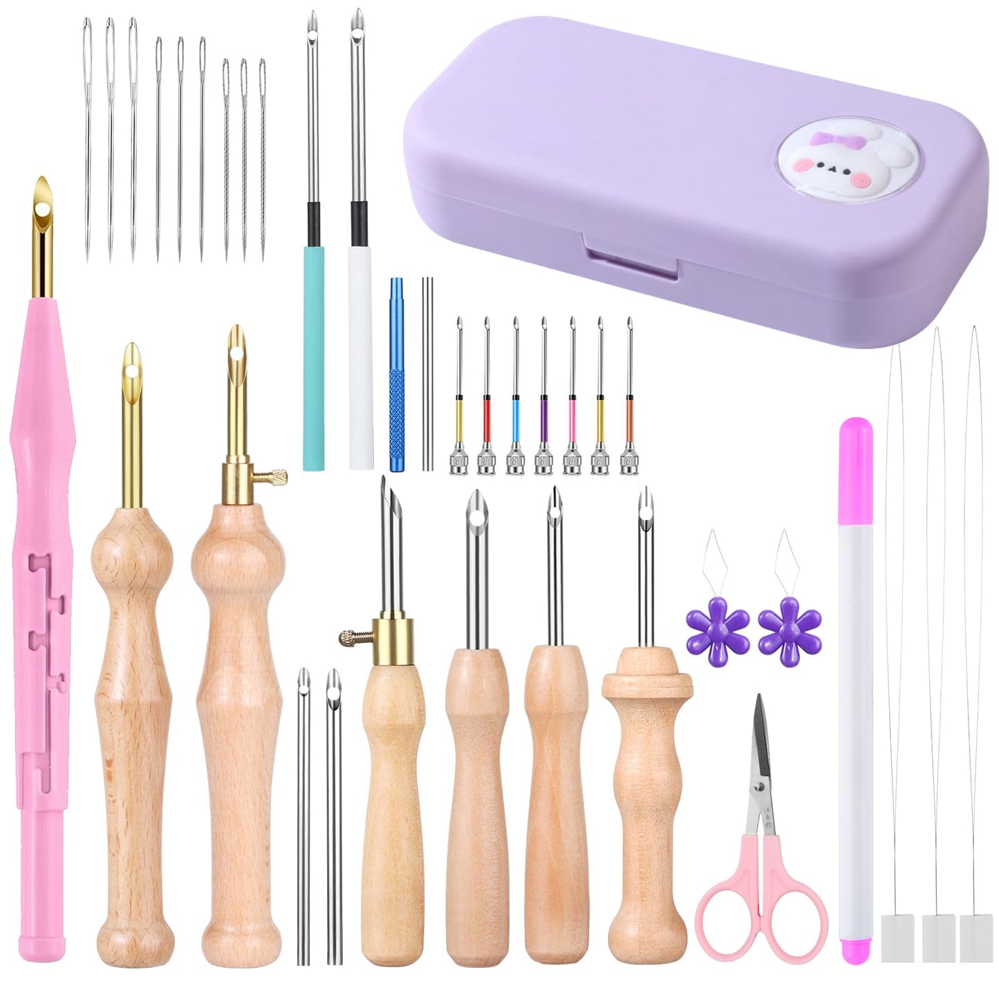 37Pcs Punch Needle Kit for Beginner,Complete Set Includes Wooden Handle Punch Needle Tools in Various Sizes & Storage Case,Perfect for Crafting and Gift(Purple)