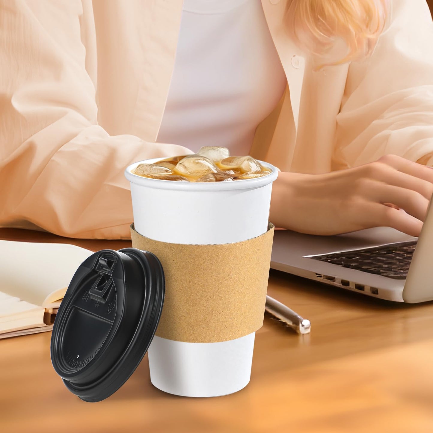 Lamosi 100 Pack 16 oz Disposable Coffee Cups with Lids and Sleeves, Leak-Proof To Go Paper Coffee Cups with Lids, Hot/Cold Beverage White Drinking Cup for Home, Office, Parties, Travel