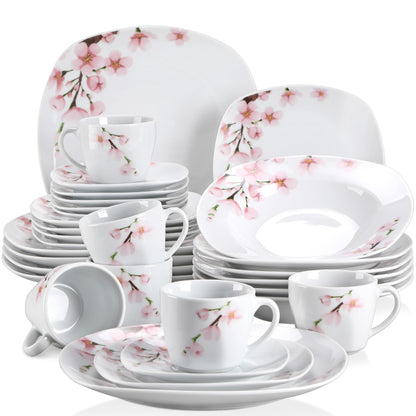 VEWEET Annie Porcelain Dinnerware for 6, 30-Piece Pink Floral Dish Set With Plates and Bowls Including Dinner, Dessert, Soup, Cups & Saucers