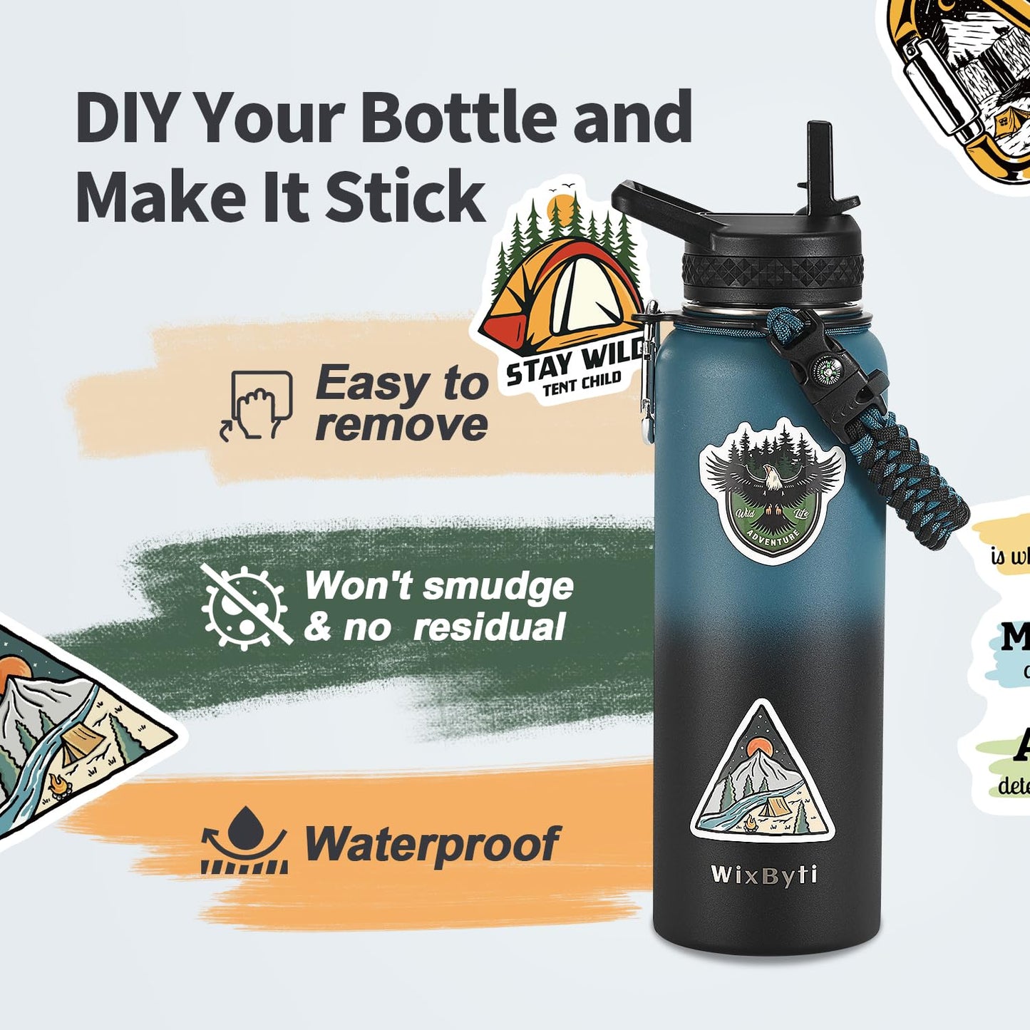 WixByti 40 oz Insulated Water Bottle with Straw (Cold for 36 Hrs), Stainless Steel Triple Wall Vacuum Sports Water Jug, Leakproof Hydro Cup Flask with Paracord Handle & Straw Spout Lids & DIY Stickers