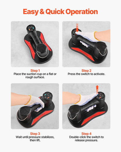 VEVOR Electric Vacuum Suction Cup, 375 lbs Max Lifting Capacity, Vacuum Glass Lifter with Digital Display, Heavy Duty Tile Suction Cup Tool for Lifting Tile, Granite, Wood, Paver, Drywall, Windows