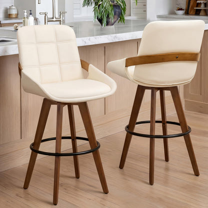 Mid Century Modern Swivel Bar Stools Set of 2, 29” Bar Height, Upholstered Faux Leather Seat with Curved Bentwood Back & Arms, Solid Bamboo Legs with Walnut Finish, Kitchen Island Bar Chairs, Beige