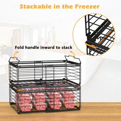 NADAMOO Freezer Organizer Bins, 2 Packs Large Expandable Stackable Chest Freezer Containers with Handle, Metal Adjustable Storage Baskets for Fridge, Deep Freezer, Cabinet, Kitchen, Pantry - Black