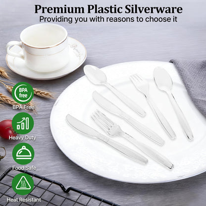 Bosizhang 300 Count Extra Heavy Duty Plastic Silverware, 120 Spoons, 120 Forks, 60 Knives, BPA-Free & Heat Resistant Disposable Plastic Utensils Set, Clear Cutlery Set for Party and Daily Use