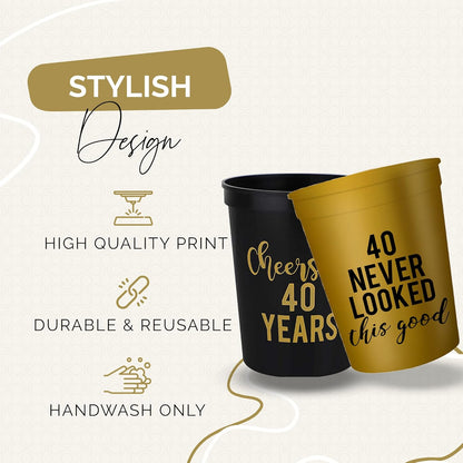 Your Dream Party Shop Cheers to 40 Years Birthday Cups - Set of 12 Black and Gold 40th Birthday Decorations