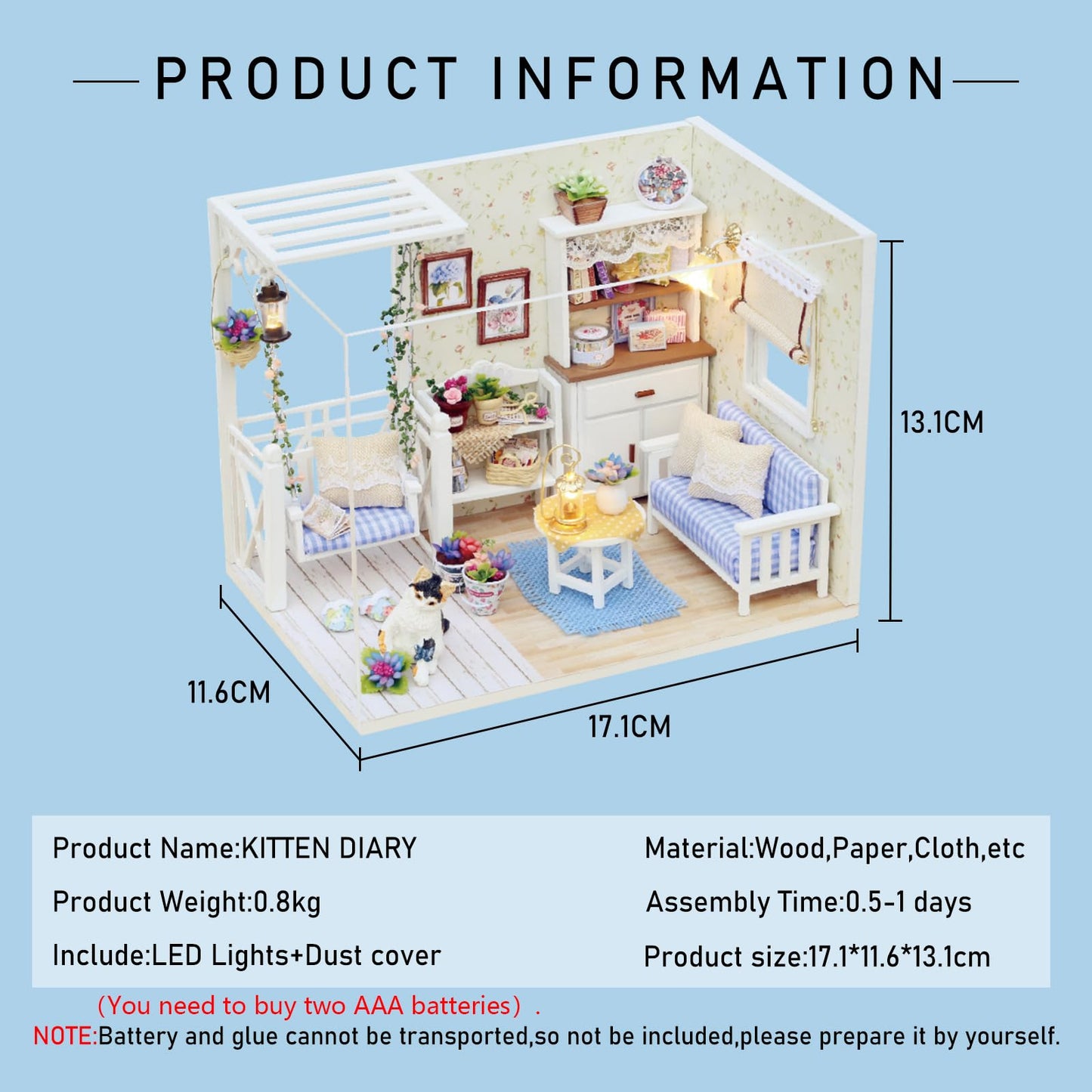 CUTEROOM DIY Miniature House Kit - Mini Craft Rooms for Adults with LED Lights, Realistic Mini Dollhouse Kit Building Model Kit, Creative Home Decor Gift- Kitten Diary