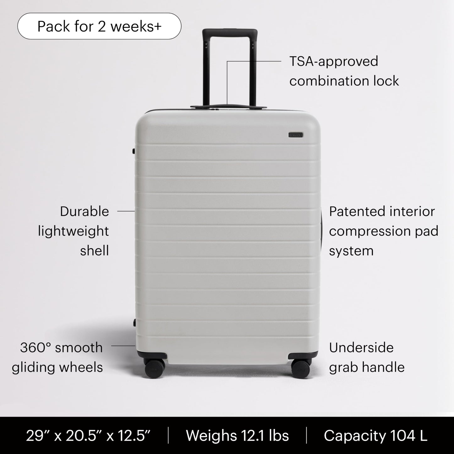 Away Large Checked Luggage - 29-Inch Lightweight Hardside Suitcase with Four WhisperGlide 360° Spinner Wheels, Interior Compression System, TSA-Accepted Lock - Cloud Gray