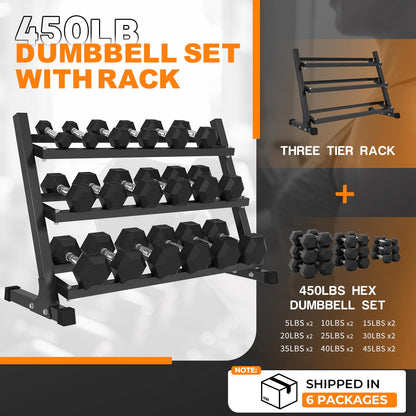 Mikolo Dumbbell Sets with Rack, Rubber Hex Dumbbells, Multiple Choices in 160/200/350/450/550LB, Hand Weights with Chrome Handle for Strength Training (450LB)