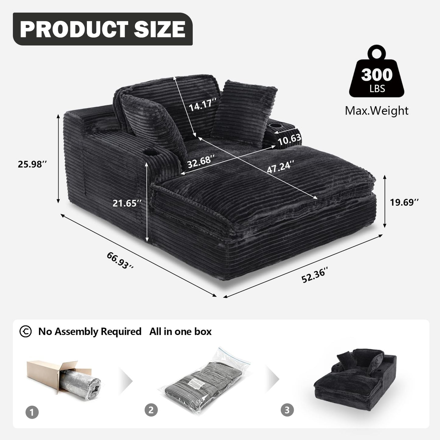 67" Oversized Chaise Lounge Chair Indoor, Soft Boneless Cloud Couch with 3 Pillows, 4 Side Pockets and 2 Cup Holders, Comfy Corduroy Sleeper Couch for Living Room Bedroom
