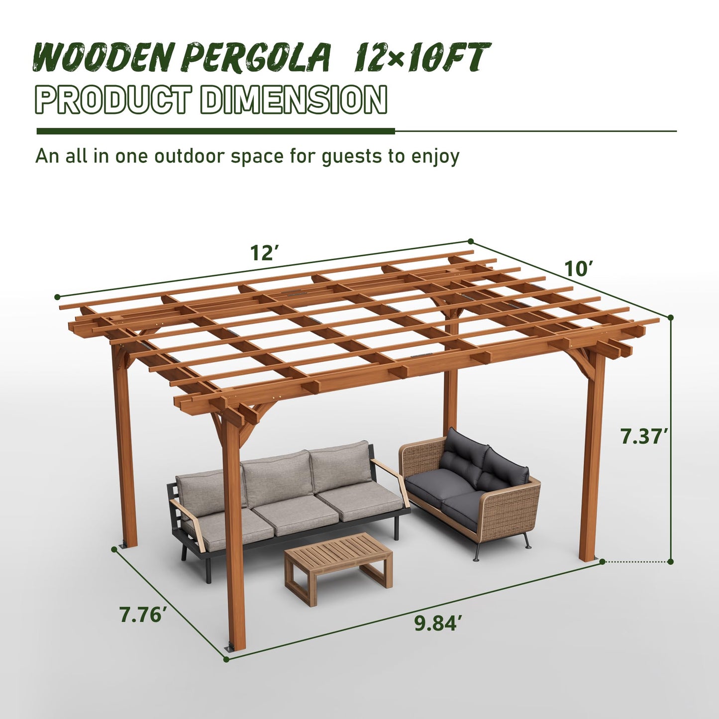 12 x 10 FT Outdoor Wood Pergola, Fir Wood Patio Pergola with Slatted Roof, Waterproof Garden Structure for Backyard, Deck, Patio and Lawn, Brown
