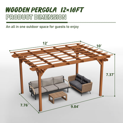 12 x 10 FT Outdoor Wood Pergola, Fir Wood Patio Pergola with Slatted Roof, Waterproof Garden Structure for Backyard, Deck, Patio and Lawn, Brown