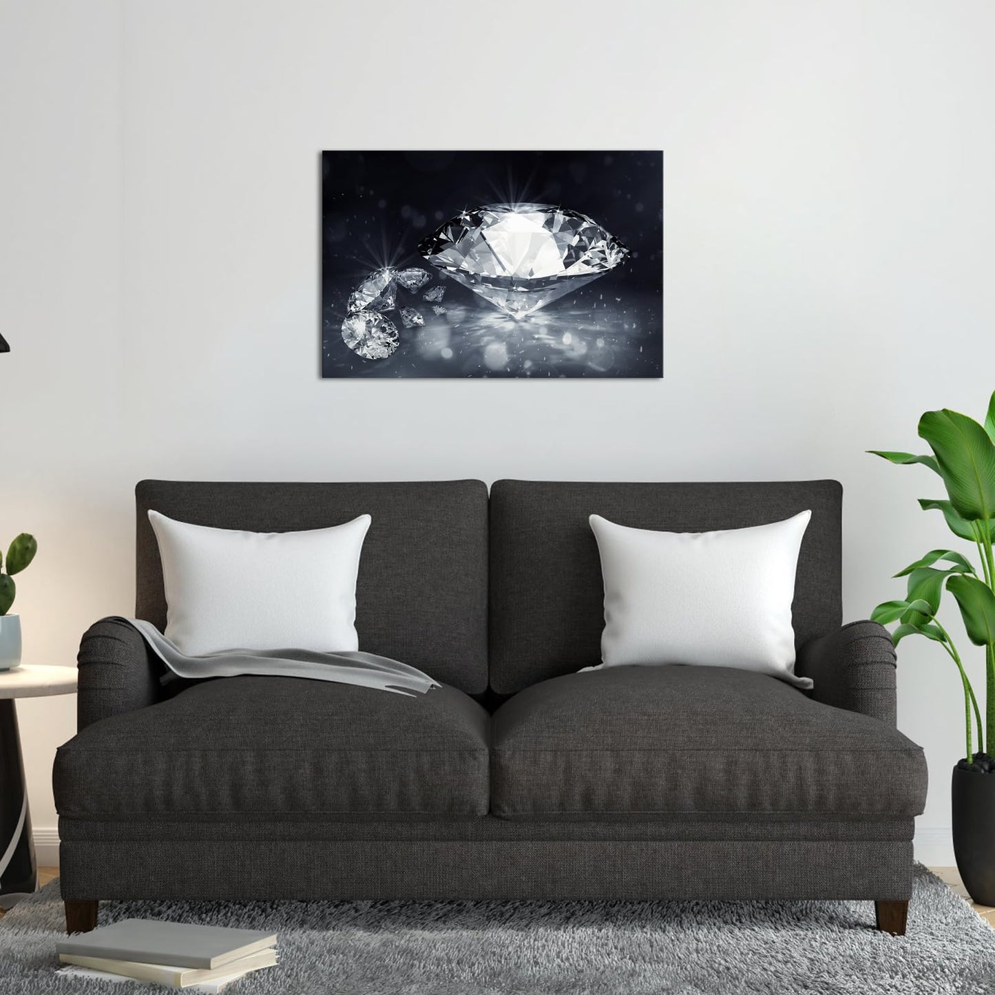 Biuteawal Diamond Wall Art Black White Canvas Print Shining Diamonds Painting Fashion Picture Modern Artwork Home Decor for Living Room Bedroom Bathroom Framed Ready to Hang