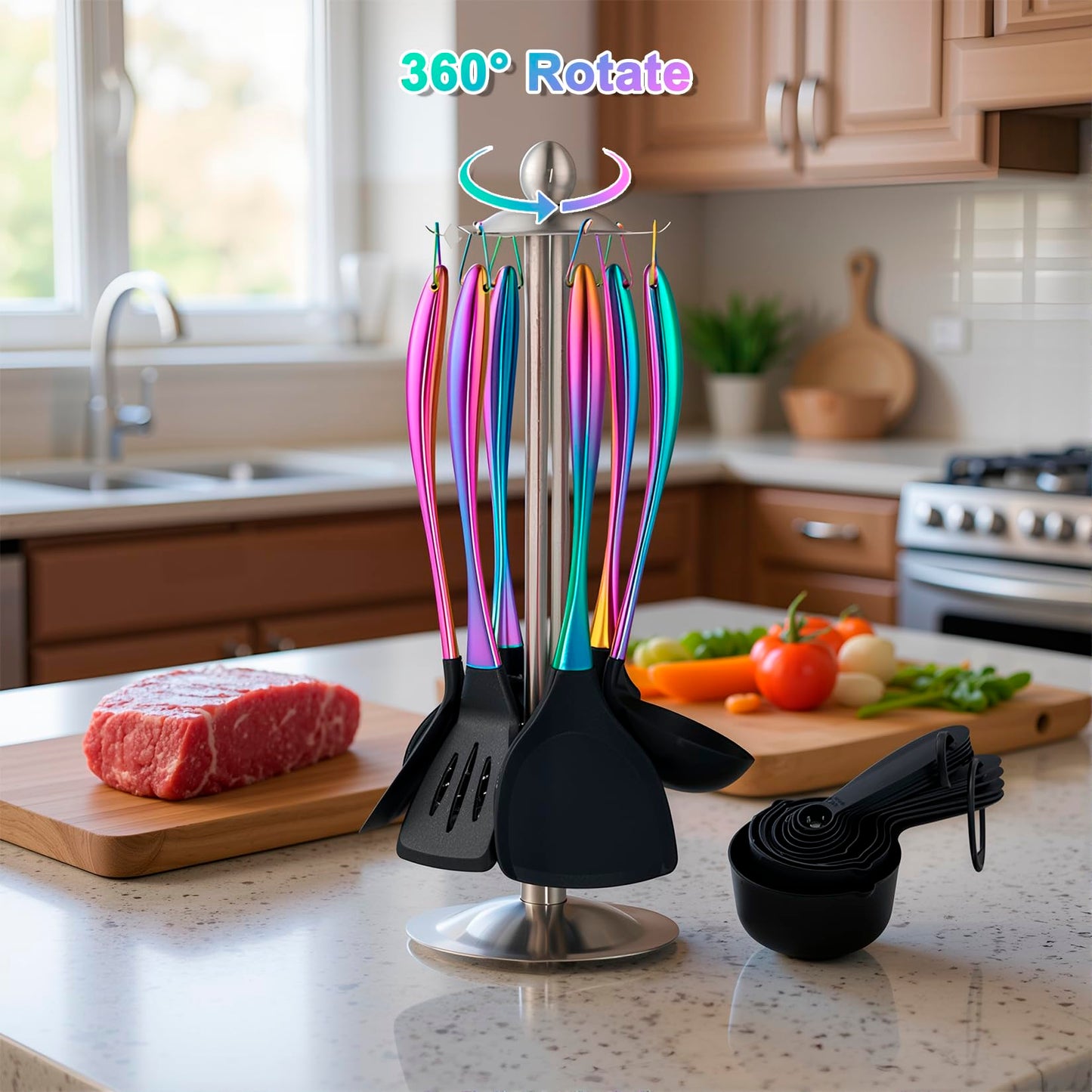 Silicone Cooking Utensils Set, 17pcs Kitchen Utensil Set with Rotatable Holder, Heat-Resistant Silicone Utensils for Cooking, Non-Stick Spatula Set with Stainless Steel Handle,Turner,Ladle (Rainbow)