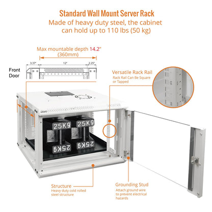 Tecmojo 6U Wall Mount Rack Network Cabinet for 19" IT Equipment,with Lockable Glass Door and Side Panels,Cooling Fan,17.7inch Depth,White