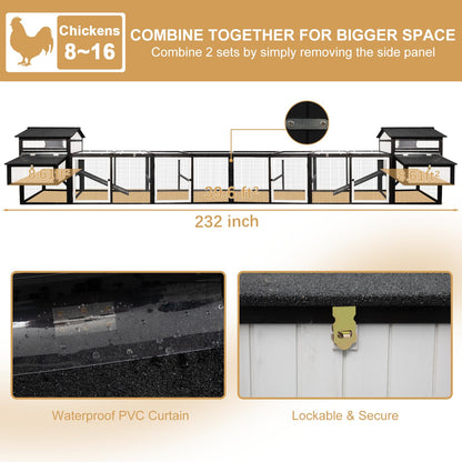 PetsCosset 116" L Large Chicken Coop and Run, Hen House with 4 Nesting Box Boxes, Rabbit Hutch Poultry Bunny Cage for 4-6 Chickens with 4 Perches, Removable Tray and Ramp and UV-Resistant Roof Panel