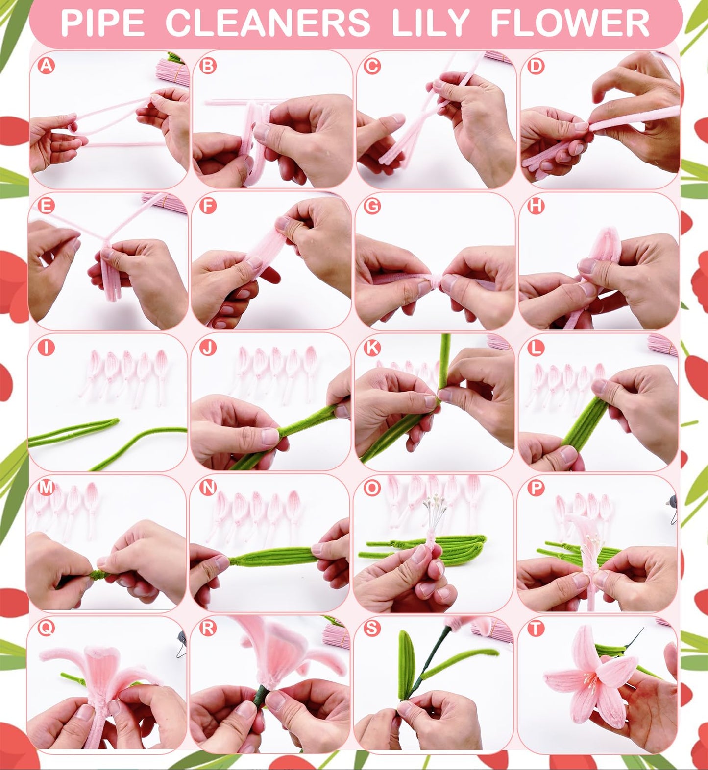 Pipe Cleaner Flower Kit Pink, 600PCS Pipe Cleaners Bulk for Flowers, Pipe Cleaners Craft Set, Chenille Stems Flower Making Kit with Floral Wires, Tape, Glue Sticks, Stamen, Wrapping Paper, Ribbon Card