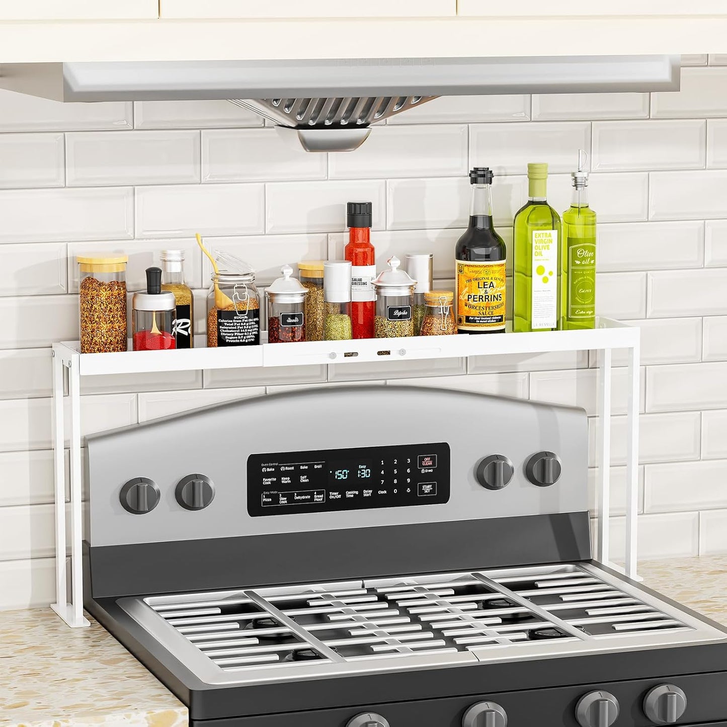 27 33 Inch 4 Countertop, Stove Top Shelf for Curved Stove, Expand to Spice Rack, Level Adjustable Height Spice Shelf