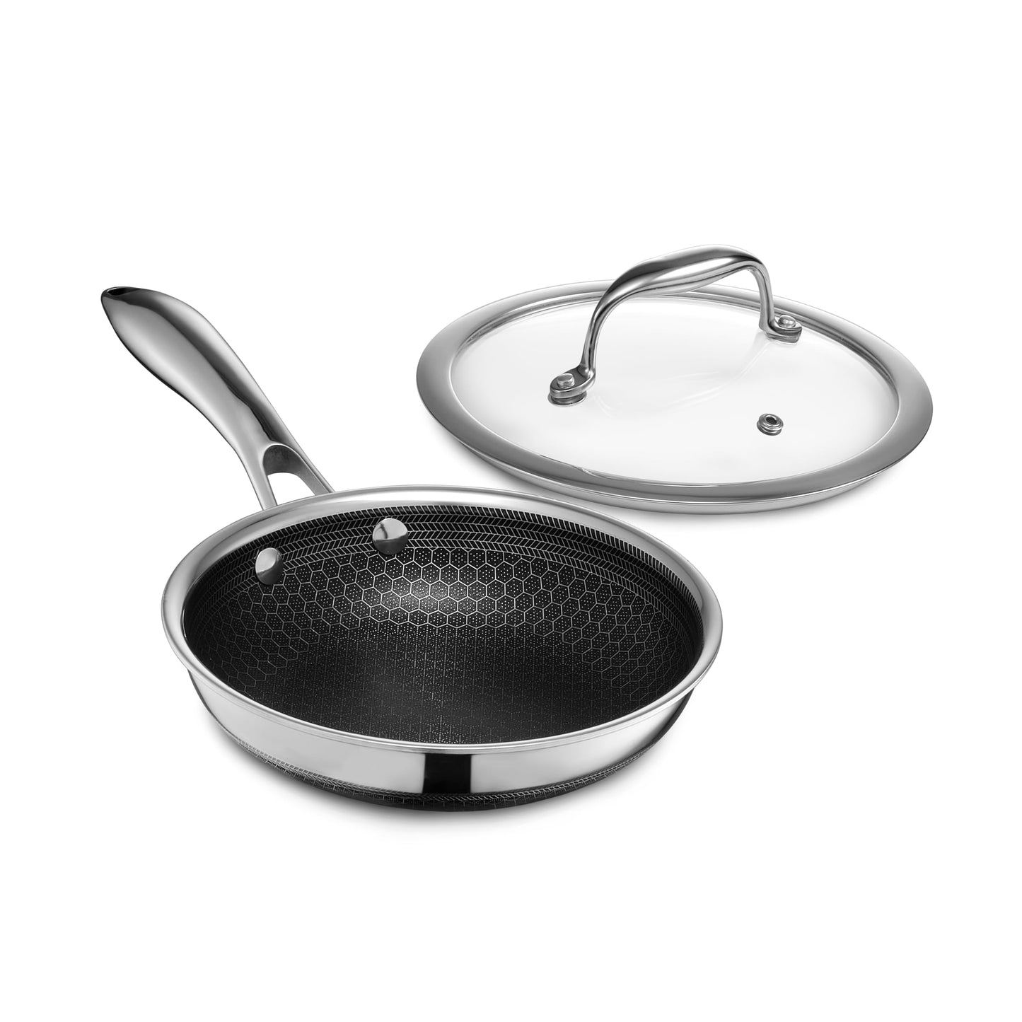 HexClad Hybrid Nonstick 7-Inch Frying Pan with Tempered Glass Lid, Stay-Cool Handle, Dishwasher-Friendly, Oven-Safe Up to 900°F, Induction Ready, Compatible with All Cooktops