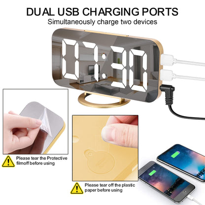 SZELAM Digital Alarm Clock,LED and Mirror Desk Clock Large Display,with Dual USB Charger Ports,3 Levels Brightness,12/24H,Modern Electronic Clock for Bedroom Home Living Room Office - Gold