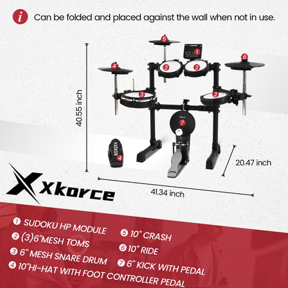 Xkorce Electronic Drum Set Electric Drum Kit with 4 Quiet Mesh Pads and 6" Kick Drum, 360 Sounds, Headphones, Sticks, Dual Bluetooth function, Suit for Beginner