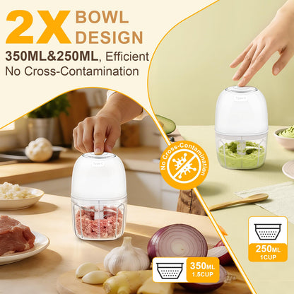 Electric Mini Garlic Chopper 2 Bowls(350ML/1.5Cup&250ML/1Cup) Cordless Mini Food Processor【Up-Durable Motor】【2 Sets 304 Stainless Steel Blades】Grind for Garlic,Onion,Meat,Baby Food,BPA Free (White)