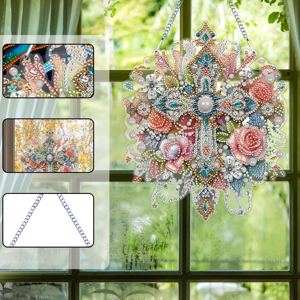 Sulunmo Diamond Art Hanging Kit, Diamonds Art Painting Pendant for Adults, DIY Gem Painting Board Kit for Window Door(Gorgeous Cross-82)