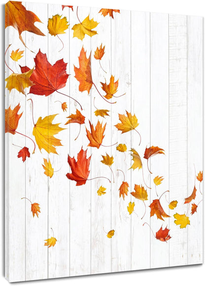 LB Farmhouse Fall Wall Art - Red Orange Maple Leaf on Rustic Grey Canvas, Ready to Hang for Living Room and Bedroom,