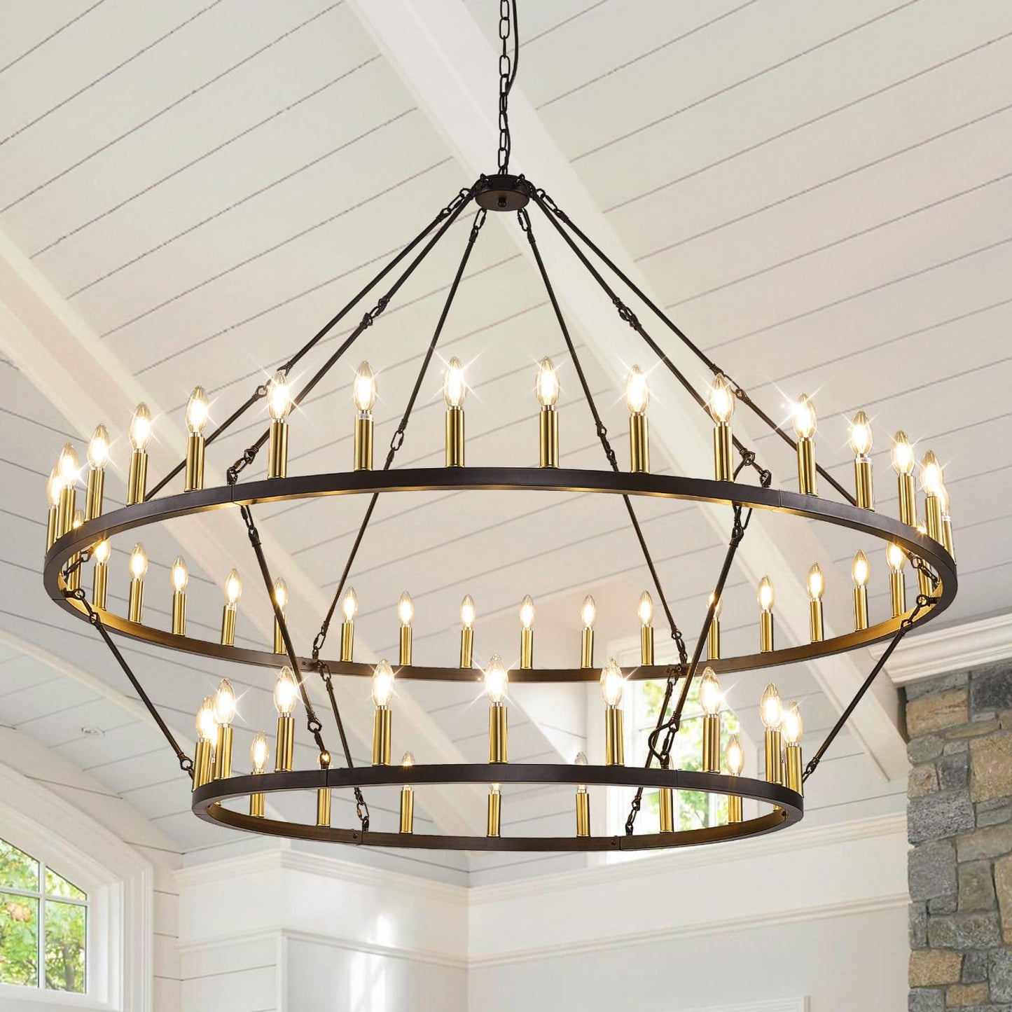 WJShome 60" Wagon Wheel Chandelier, 2 Tiers 54-Light Large Farmhouse Foyer Chandelier for High Ceilings, Round Black and Gold Pendant Light Fixture, for Entryway, Dining Room, Staircase