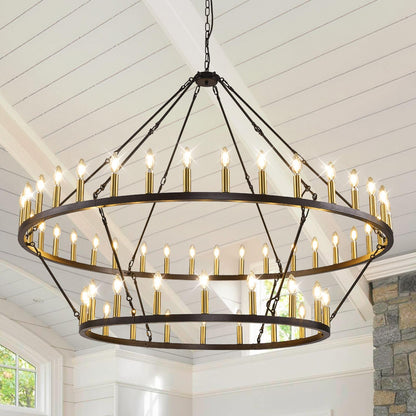 WJShome 60" Wagon Wheel Chandelier, 2 Tiers 54-Light Large Farmhouse Foyer Chandelier for High Ceilings, Round Black and Gold Pendant Light Fixture, for Entryway, Dining Room, Staircase