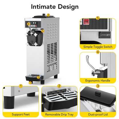 Soft Serve Ice Cream Machine Commercial, 1200W Ice Cream Maker Machine With a Roomy 7 L Hopper & 1.8 L Cylinder, 4.7-5.8 gal/H, LCD Digital Display & Timer, Single Flavor